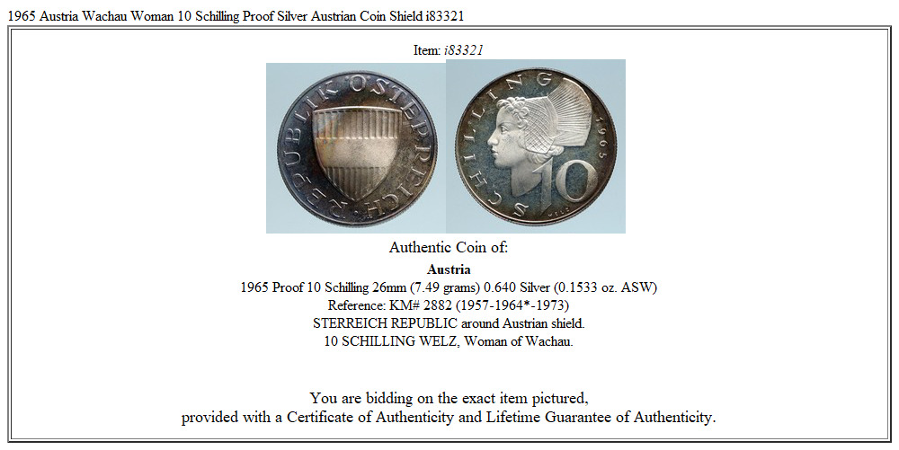 1965 Austria Wachau Woman 10 Schilling Proof Silver Austrian Coin Shield i83321