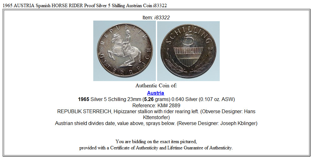 1965 AUSTRIA Spanish HORSE RIDER Proof Silver 5 Shilling Austrian Coin i83322