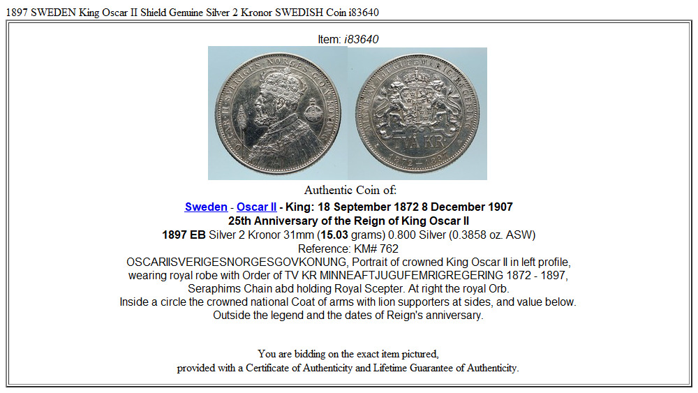 1897 SWEDEN King Oscar II Shield Genuine Silver 2 Kronor SWEDISH Coin i83640