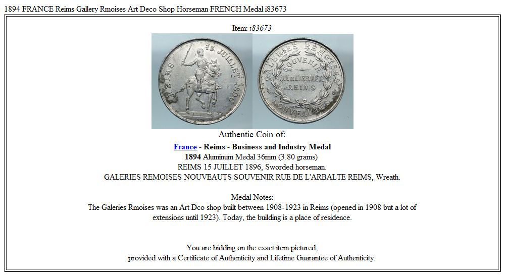 1894 FRANCE Reims Gallery Rémoises Art Deco Shop Horseman FRENCH Medal i83673