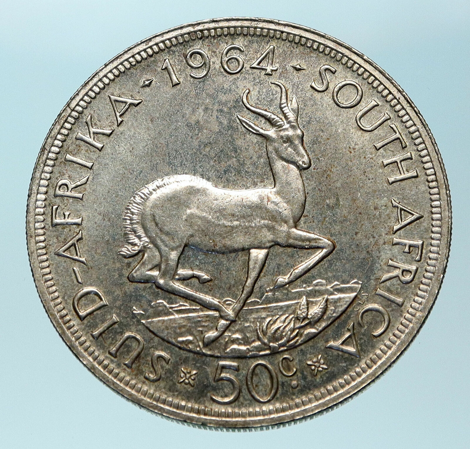 1964 SOUTH AFRICA Founder Jan van Riebeeck Deer OLD Silver 50 Cents Coin i83784