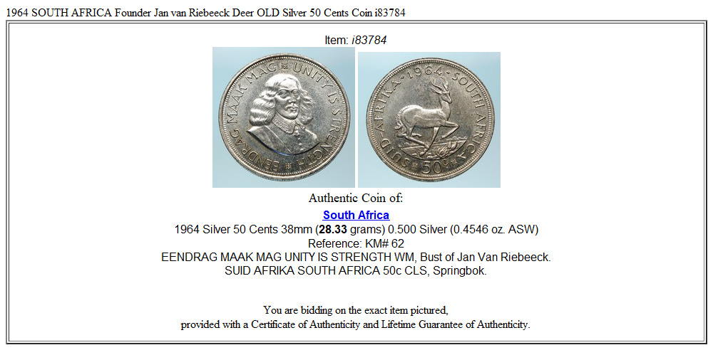 1964 SOUTH AFRICA Founder Jan van Riebeeck Deer OLD Silver 50 Cents Coin i83784