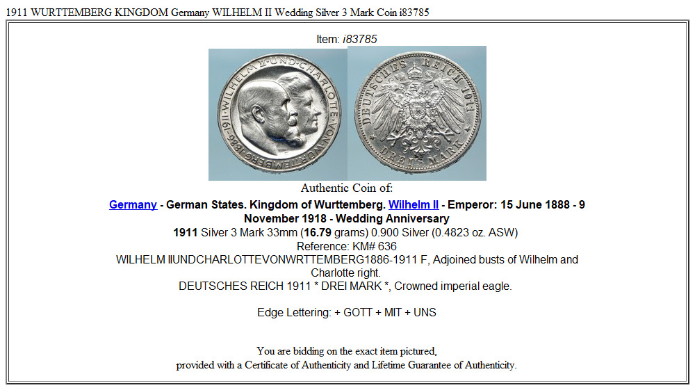 1911 WURTTEMBERG KINGDOM Germany WILHELM II Wedding Silver 3 Mark Coin i83785