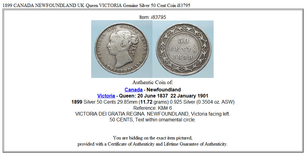 1899 CANADA NEWFOUNDLAND UK Queen VICTORIA Genuine Silver 50 Cent Coin i83795