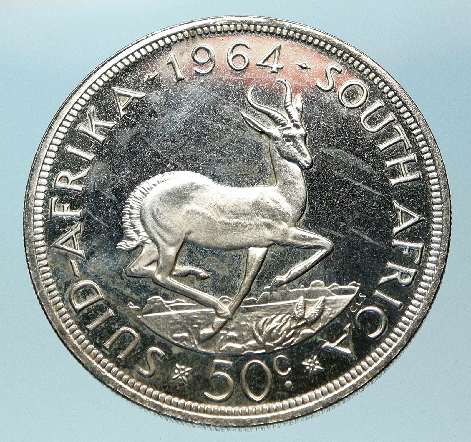 1964 SOUTH AFRICA Founder Jan van Riebeeck Deer Proof Silver 50 Cent Coin i83793