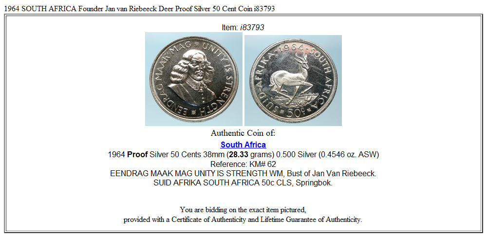 1964 SOUTH AFRICA Founder Jan van Riebeeck Deer Proof Silver 50 Cent Coin i83793