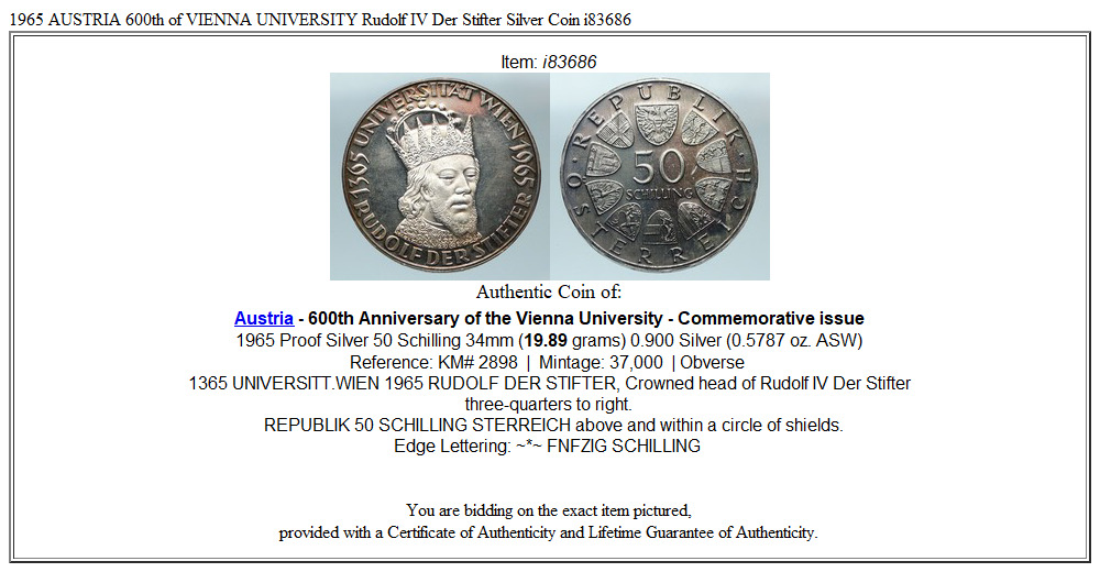 1965 AUSTRIA 600th of VIENNA UNIVERSITY Rudolf IV Der Stifter Silver Coin i83686