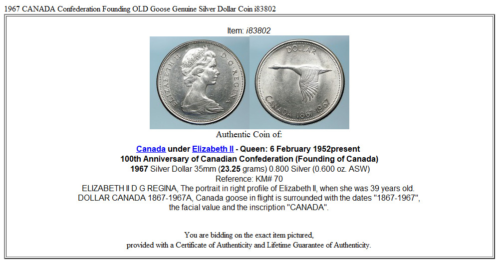 1967 CANADA Confederation Founding OLD Goose Genuine Silver Dollar Coin i83802