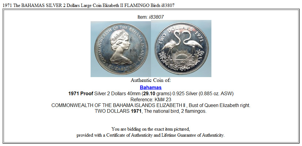 1971 The BAHAMAS SILVER 2 Dollars Large Coin Elizabeth II FLAMINGO Birds i83807