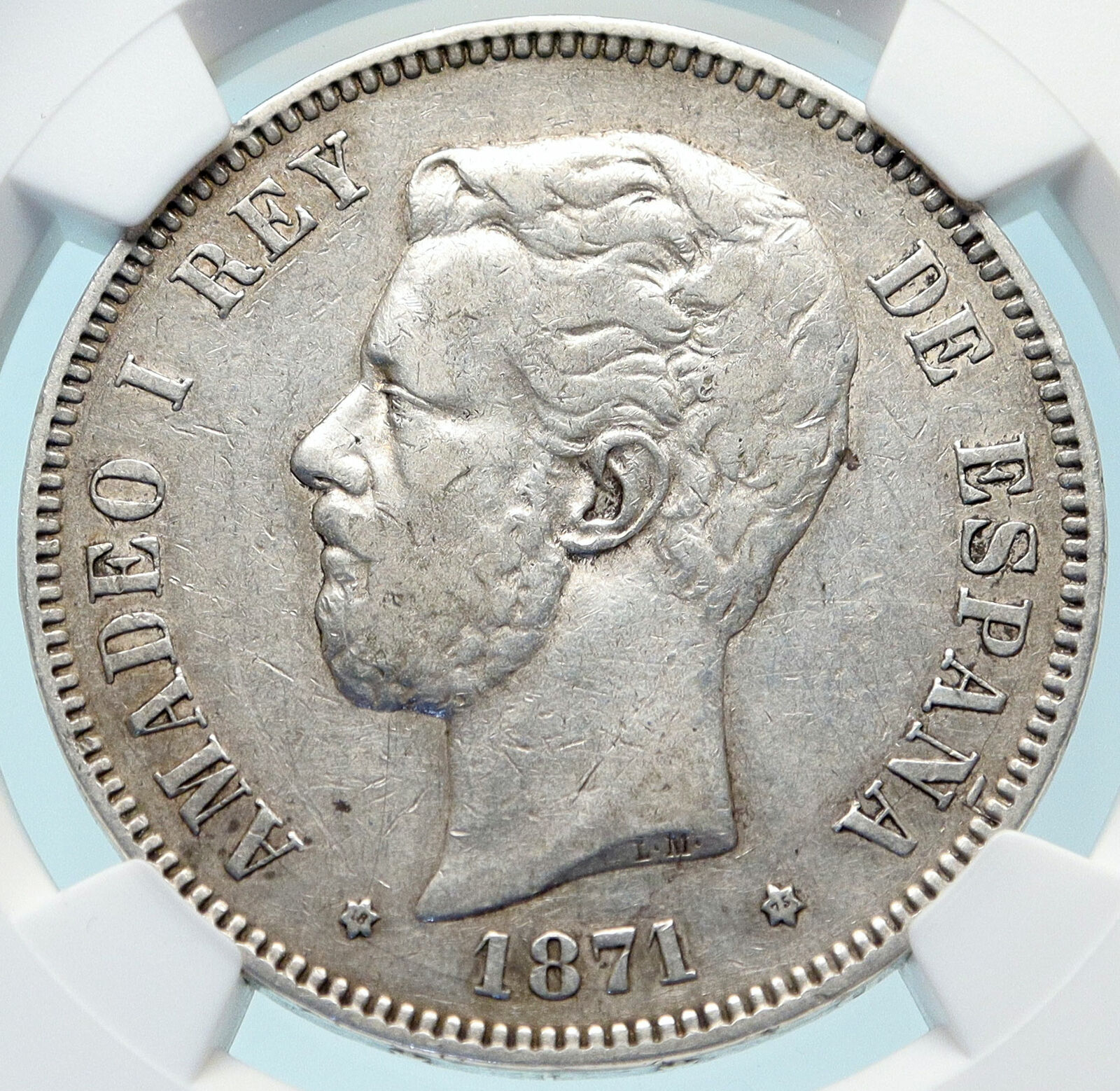 1871 SPAIN King Amadeo I Amadeus Antique Silver 5 Peseta Spanish NGC Coin i83742
