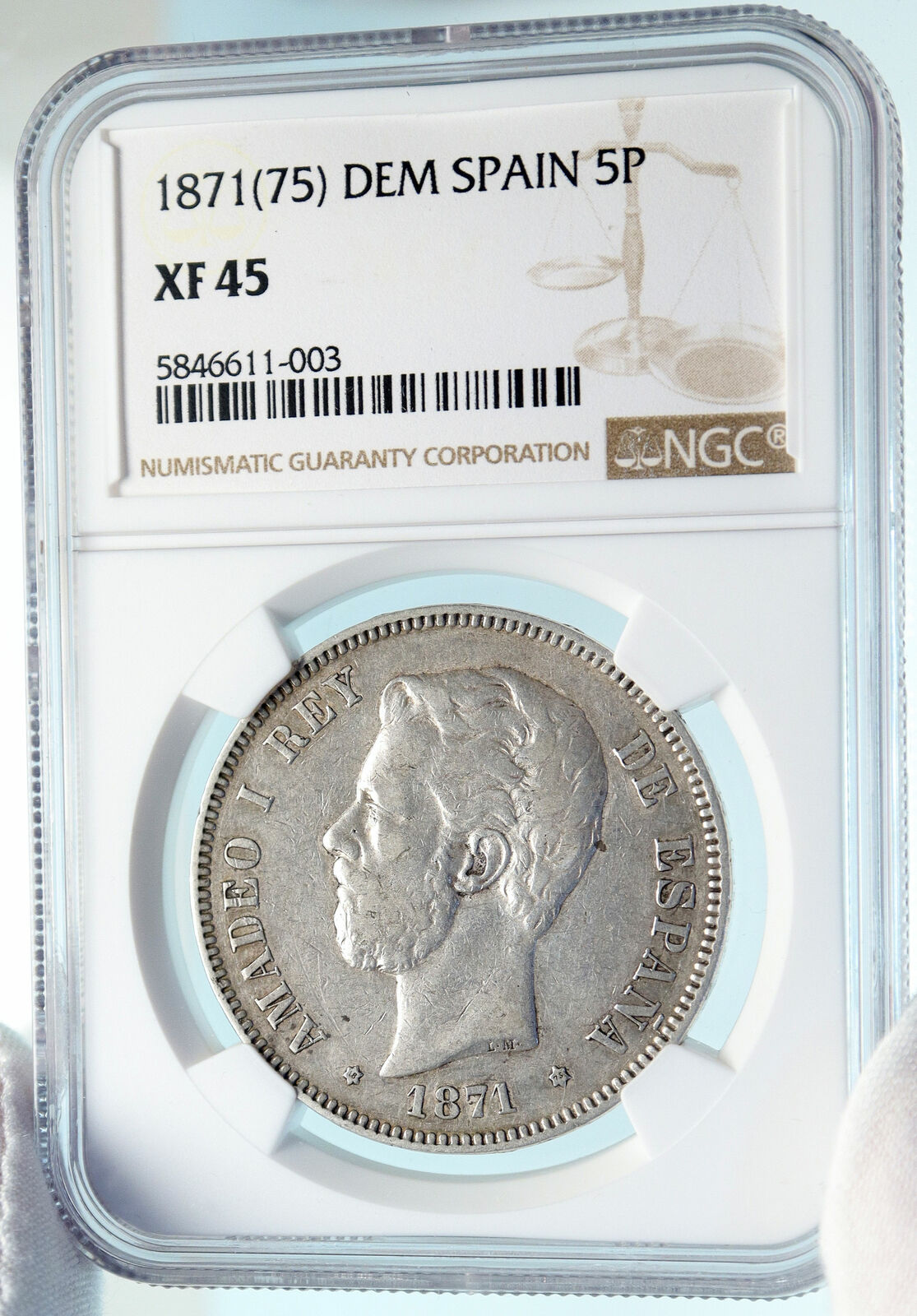 1871 SPAIN King Amadeo I Amadeus Antique Silver 5 Peseta Spanish NGC Coin i83742