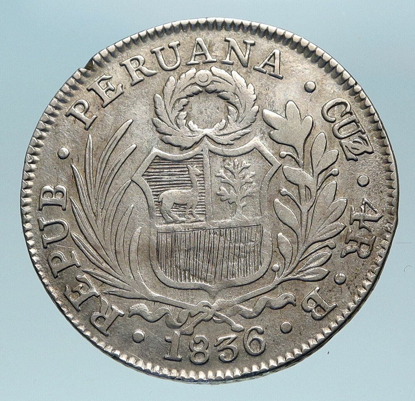 1836B PERU South America Antique LIBERY COAT of ARMS Silver 4 Reales Coin i84155