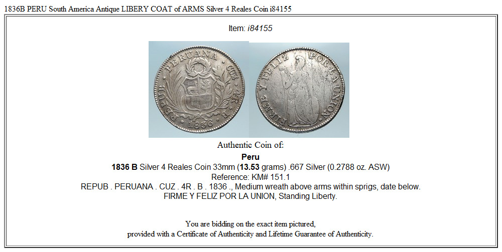 1836B PERU South America Antique LIBERY COAT of ARMS Silver 4 Reales Coin i84155