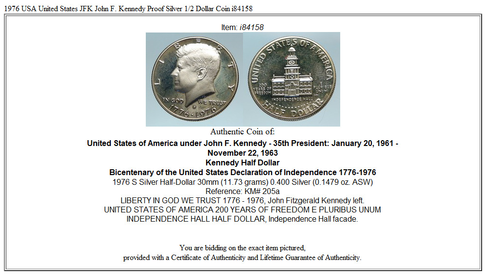 1976 USA United States JFK John F. Kennedy Proof Silver 1/2 Dollar Coin i84158