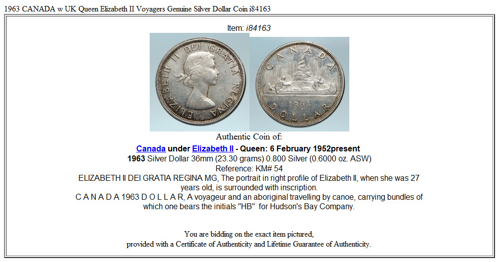 1963 CANADA w UK Queen Elizabeth II Voyagers Genuine Silver Dollar Coin i84163