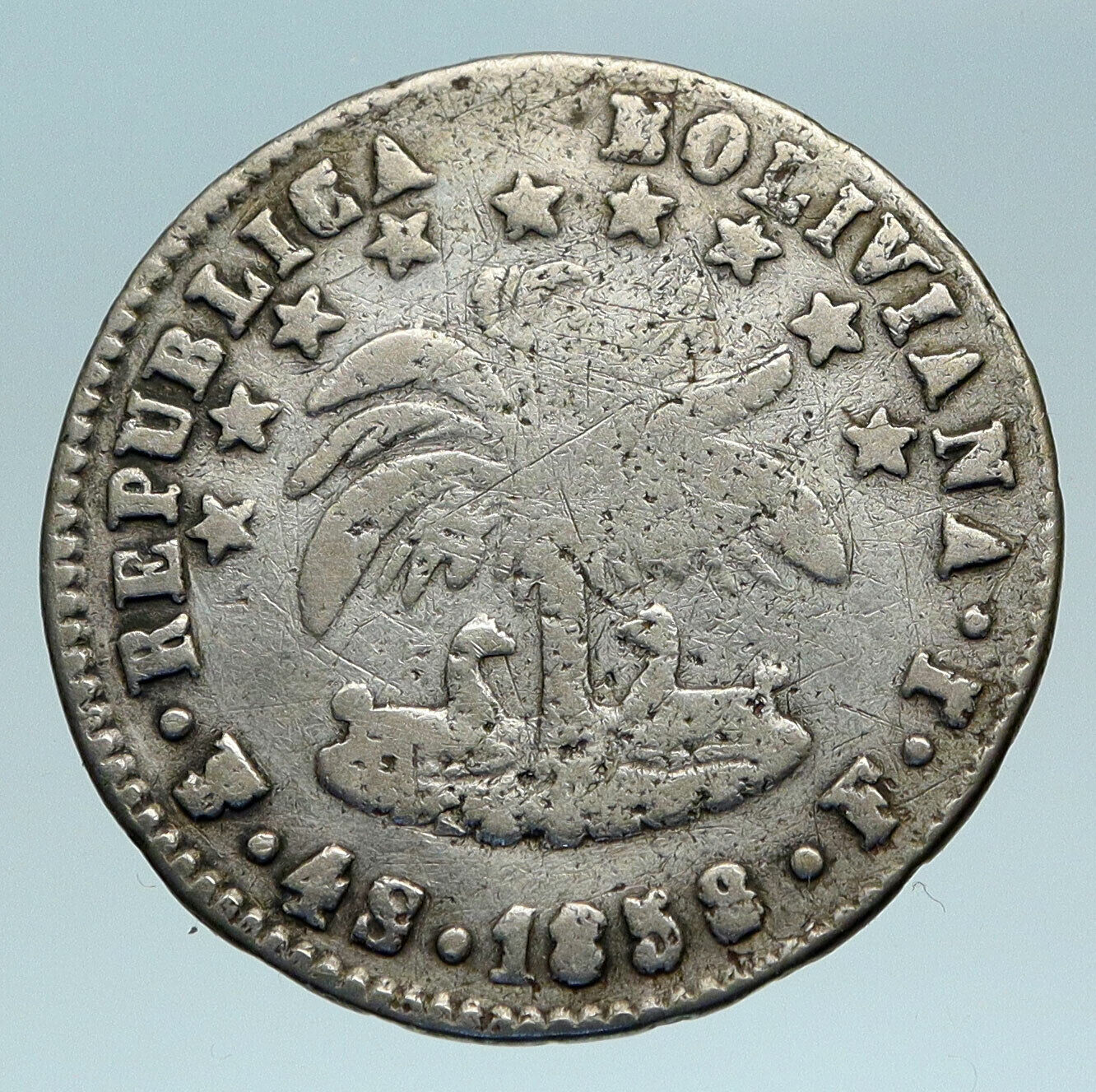 1859 PTS FJ Bolivia LARGE SIMON BOLIVAR Antique OLD Silver 4 Sol Coin i84167