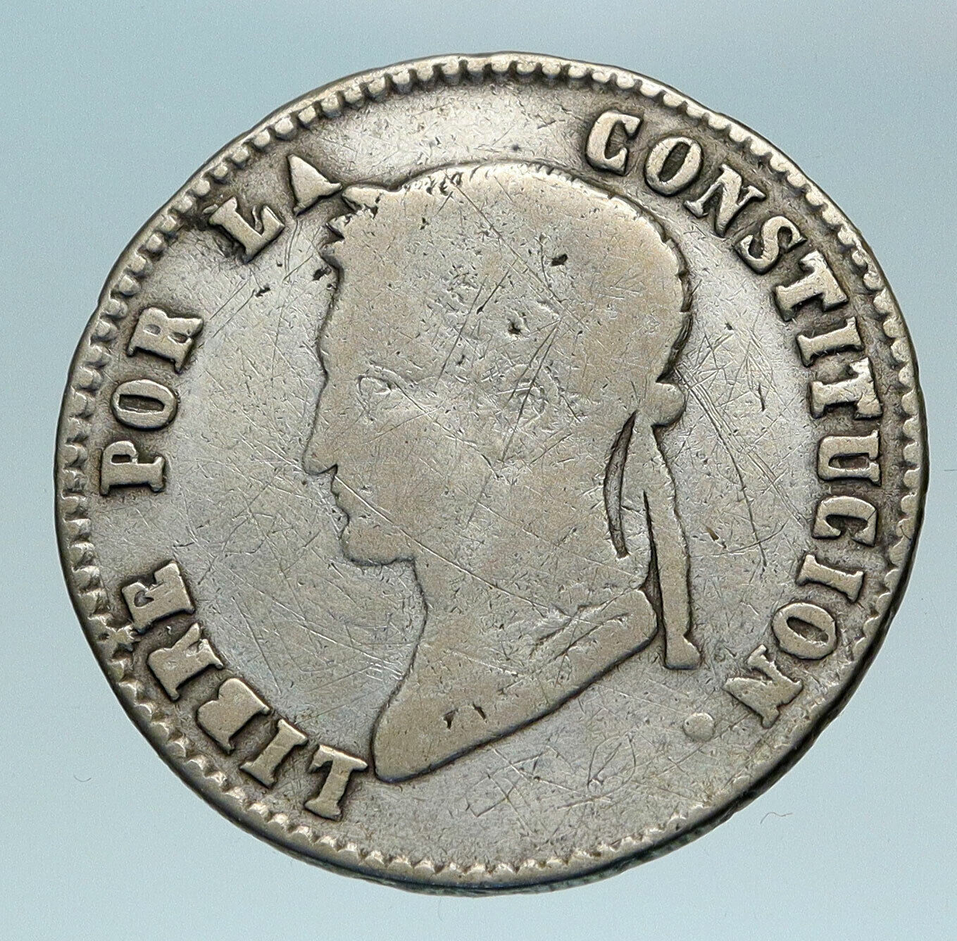 1859 PTS FJ Bolivia LARGE SIMON BOLIVAR Antique OLD Silver 4 Sol Coin i84167