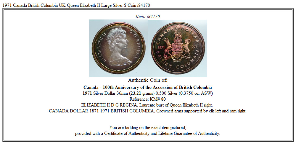 1971 Canada British Columbia UK Queen Elizabeth II Large Silver $ Coin i84170