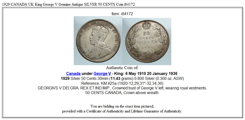 1929 CANADA UK King George V Genuine Antique SILVER 50 CENTS Coin i84172