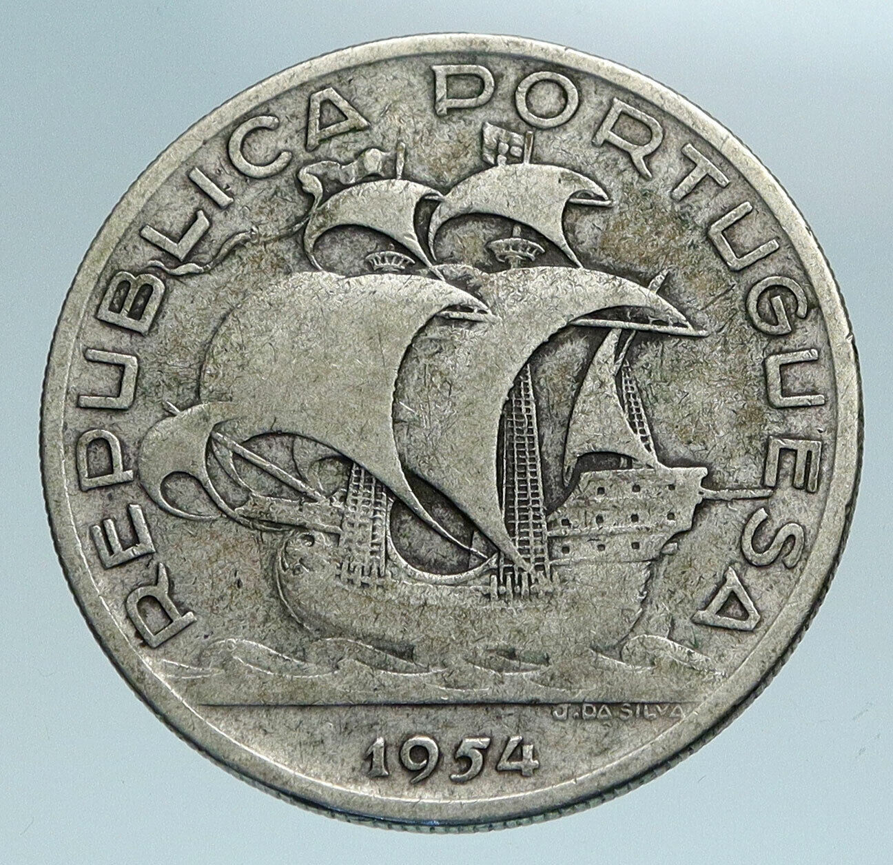 1954 PORTUGAL with PORTUGUESE SAILING SHIP Genuine Silver 10 Escudos Coin i84171