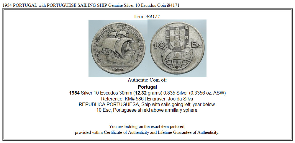 1954 PORTUGAL with PORTUGUESE SAILING SHIP Genuine Silver 10 Escudos Coin i84171