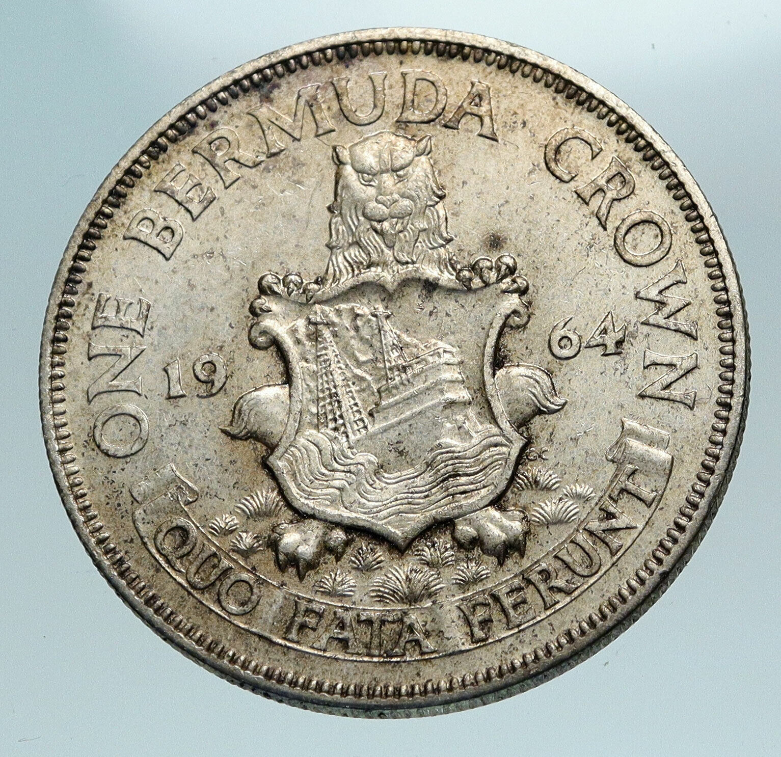 1964 BERMUDA British Colony LARGE Elizabeth II Antique Silver Crown Coin i84204