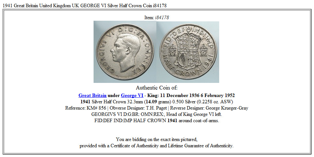 1941 Great Britain United Kingdom UK GEORGE VI Silver Half Crown Coin i84178