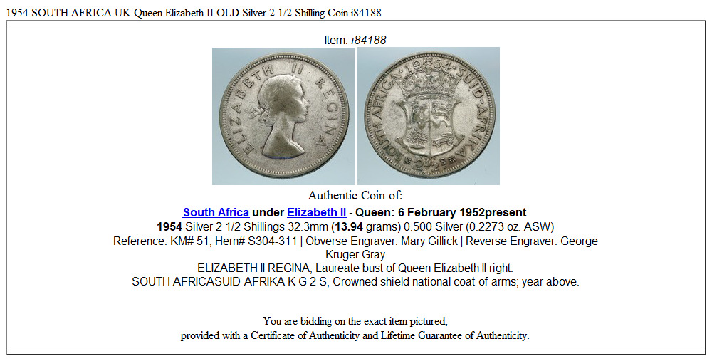 1954 SOUTH AFRICA UK Queen Elizabeth II OLD Silver 2 1/2 Shilling Coin i84188