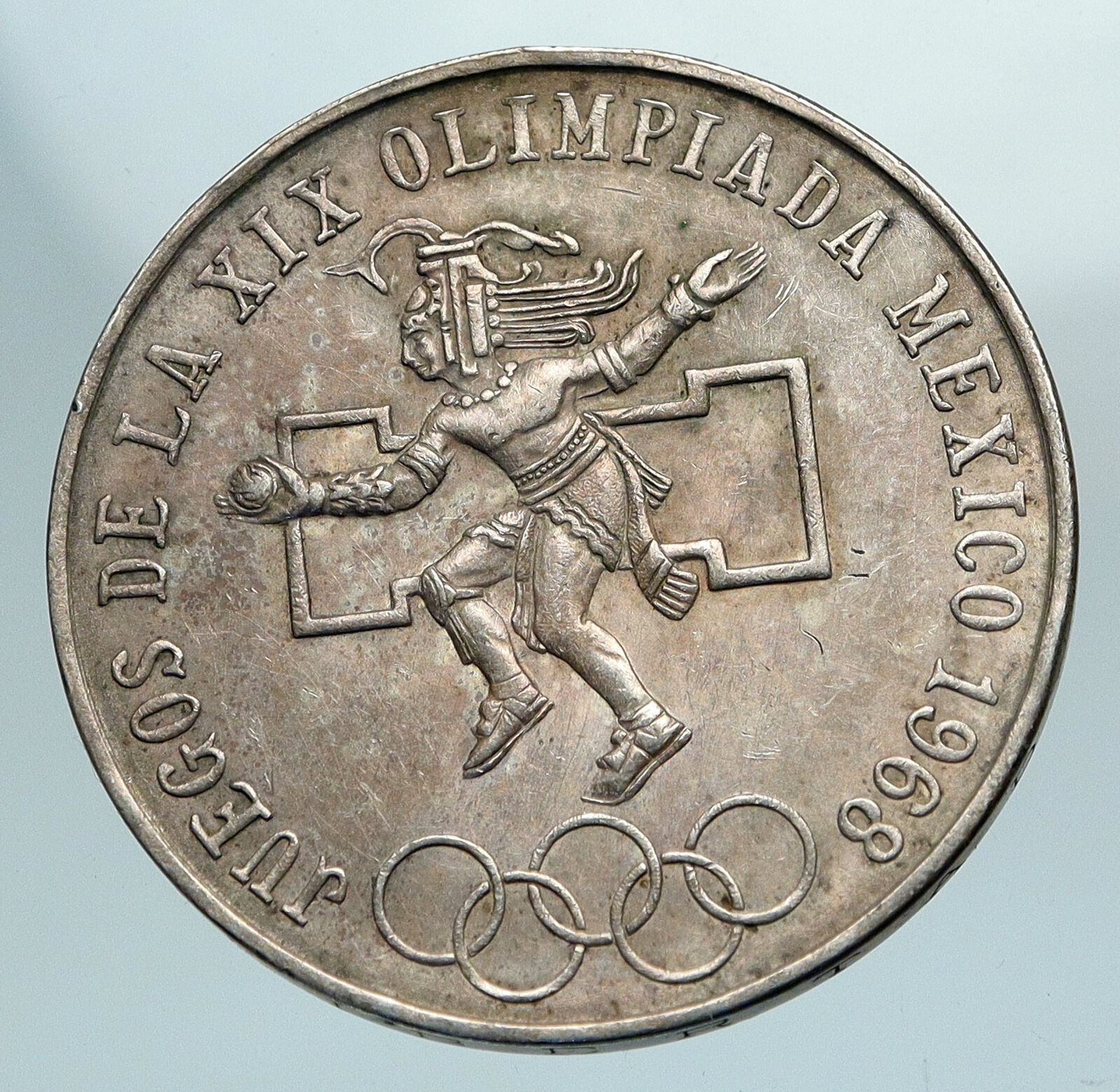 1968 Mexico XIX Olympic Games Aztec Ball Player BIG 25 Pesos Silver Coin i84181