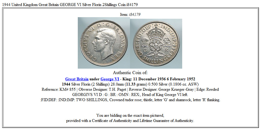 1944 United Kingdom Great Britain GEORGE VI Silver Florin 2Shillings Coin i84179