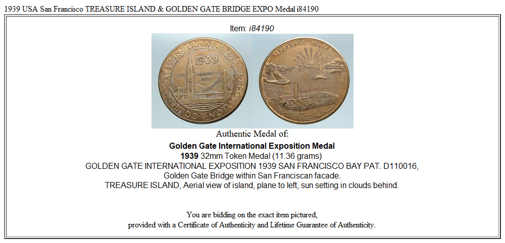 1939 USA San Francisco TREASURE ISLAND & GOLDEN GATE BRIDGE EXPO Medal i84190