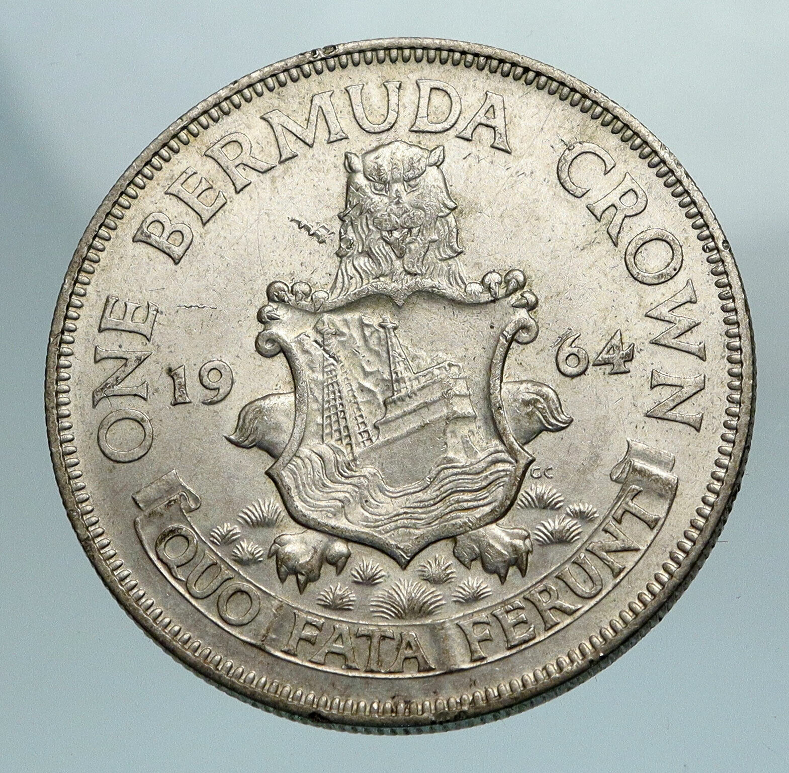 1964 BERMUDA British Colony LARGE Elizabeth II Antique Silver Crown Coin i84183