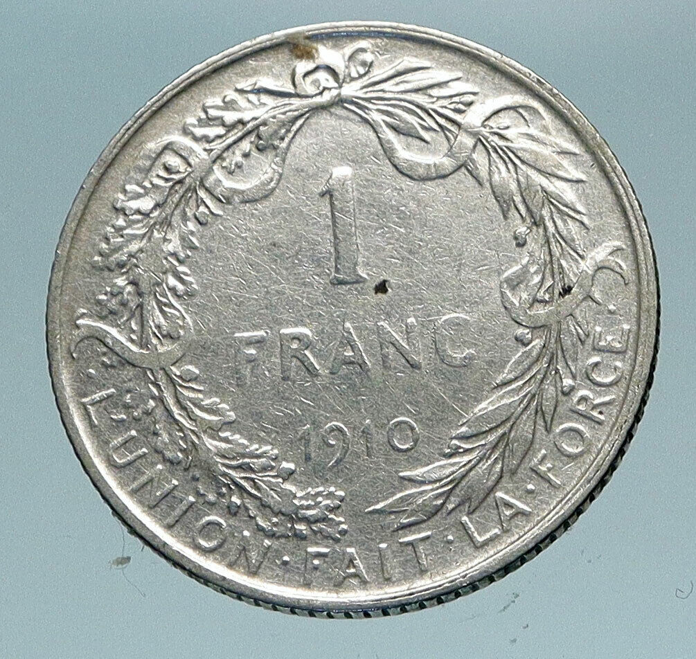 1910 BELGIUM King Albert I Wreath Antique Old Genuine Silver Franc Coin i84185