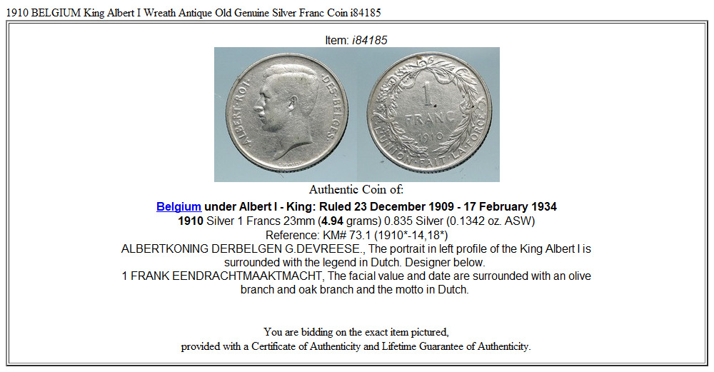 1910 BELGIUM King Albert I Wreath Antique Old Genuine Silver Franc Coin i84185