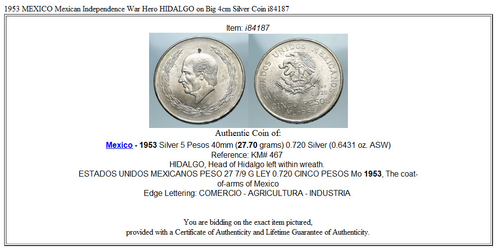 1953 MEXICO Mexican Independence War Hero HIDALGO on Big 4cm Silver Coin i84187