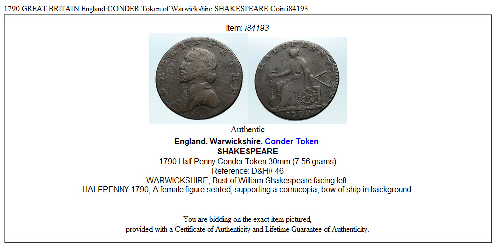 1790 GREAT BRITAIN England CONDER Token of Warwickshire SHAKESPEARE Coin i84193