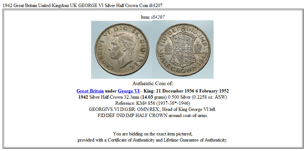 1942 Great Britain United Kingdom UK GEORGE VI Silver Half Crown Coin i84207