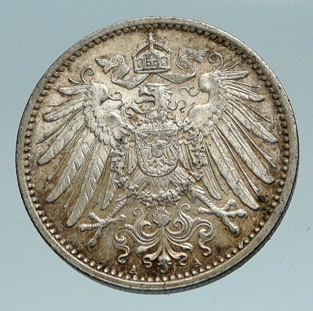 1915 A GERMANY WILHELM II Eagle Antique German Empire Silver 1 Mark Coin i84209