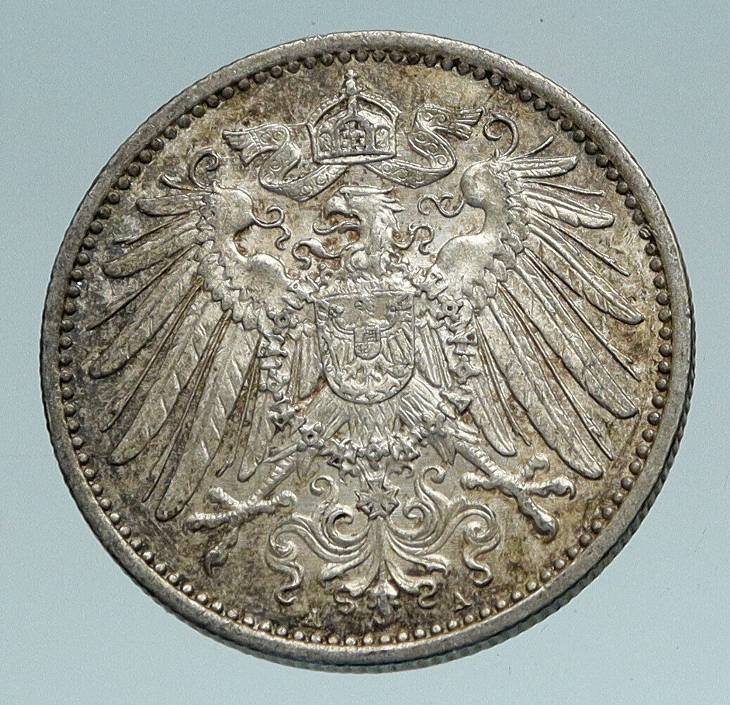 1915 A GERMANY WILHELM II Eagle Antique German Empire Silver 1 Mark Coin i84211