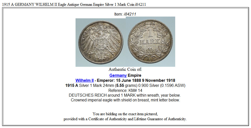 1915 A GERMANY WILHELM II Eagle Antique German Empire Silver 1 Mark Coin i84211