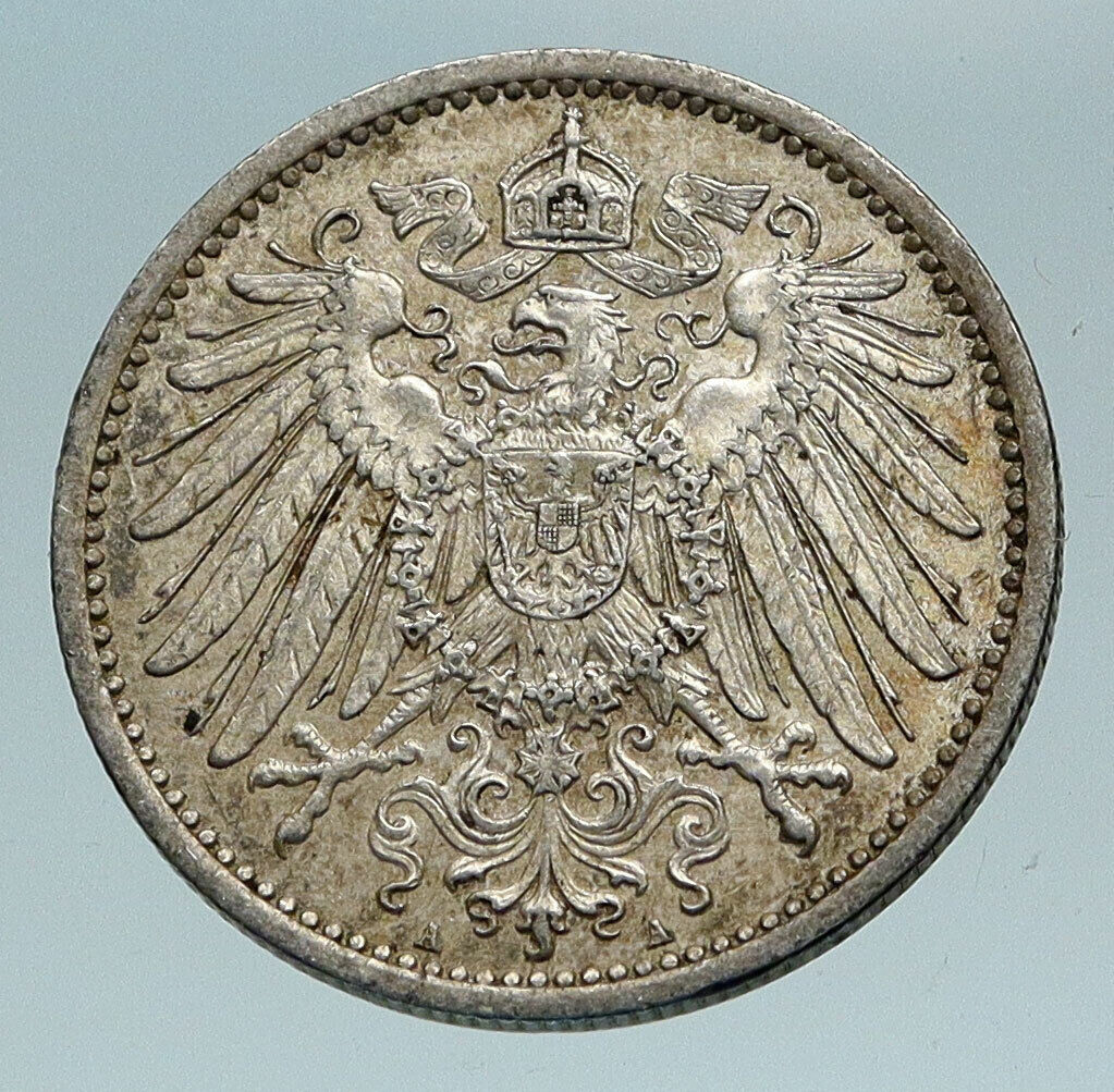 1915 A GERMANY WILHELM II Eagle Antique German Empire Silver 1 Mark Coin i84210