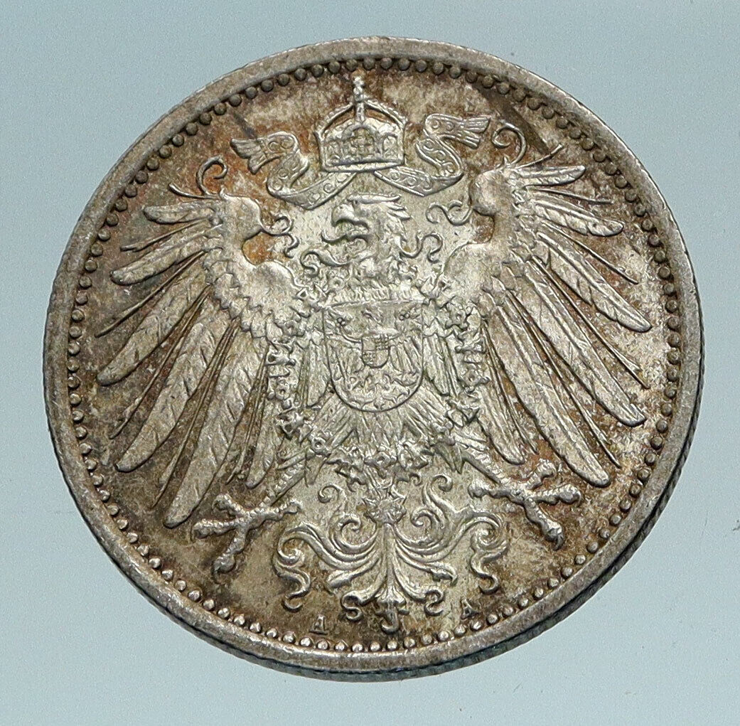 1915 A GERMANY WILHELM II Eagle Antique German Empire Silver 1 Mark Coin i84212