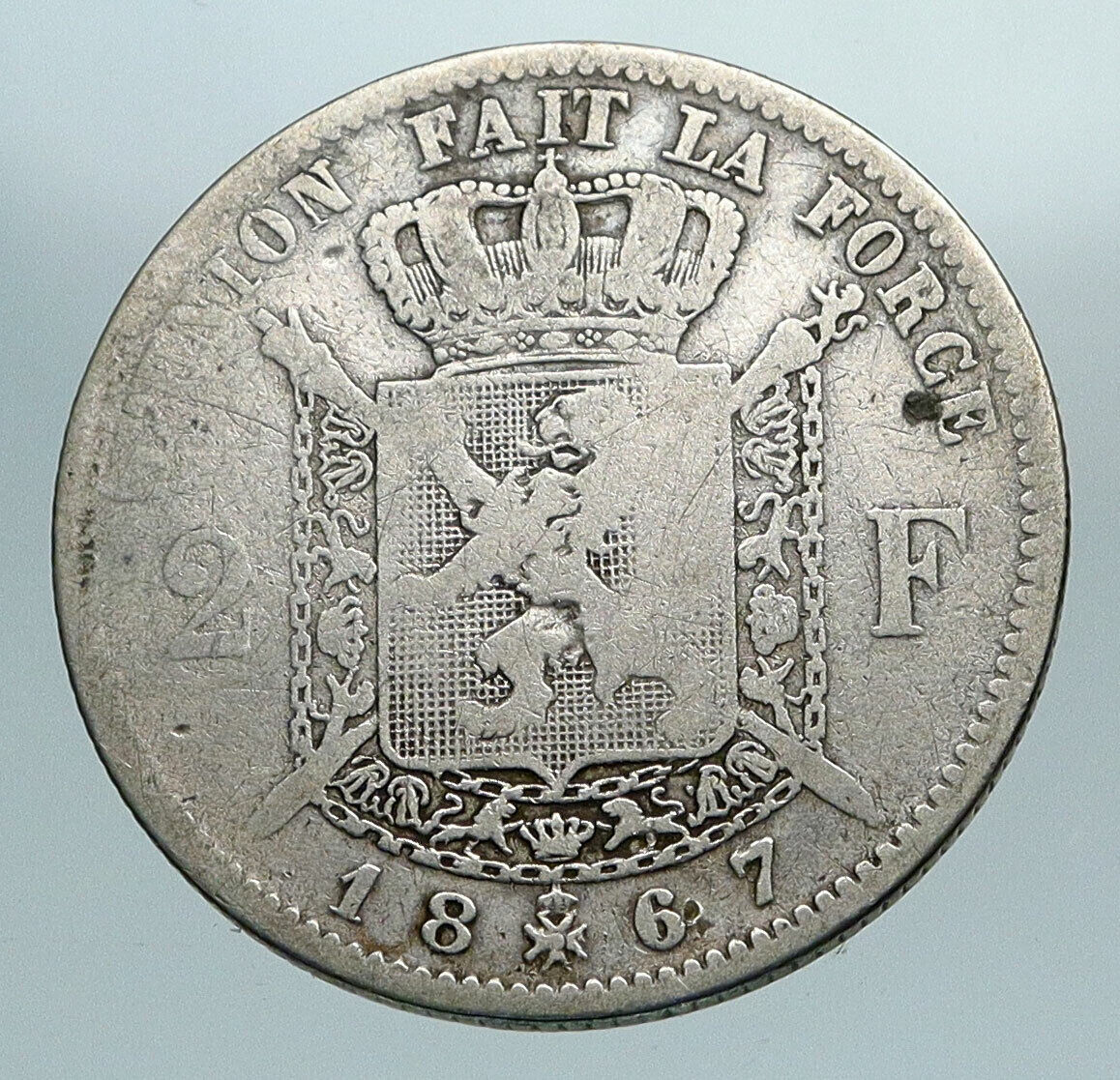 1867 BELGIUM with King LEOPOLD II and LION Genuine Silver 2 Francs Coin i84217