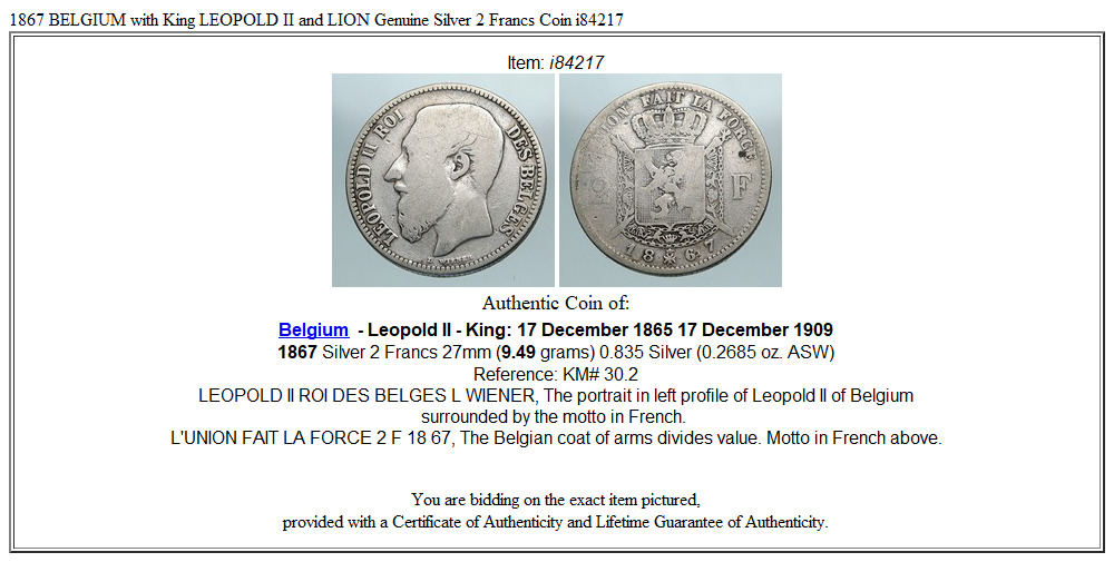 1867 BELGIUM with King LEOPOLD II and LION Genuine Silver 2 Francs Coin i84217