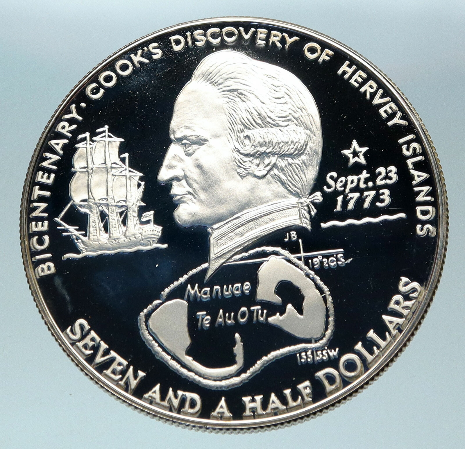 1973 COOK ISLANDS Elizabeth II James Cook Proof Silver 7 1/2 Dollar Coin i84373