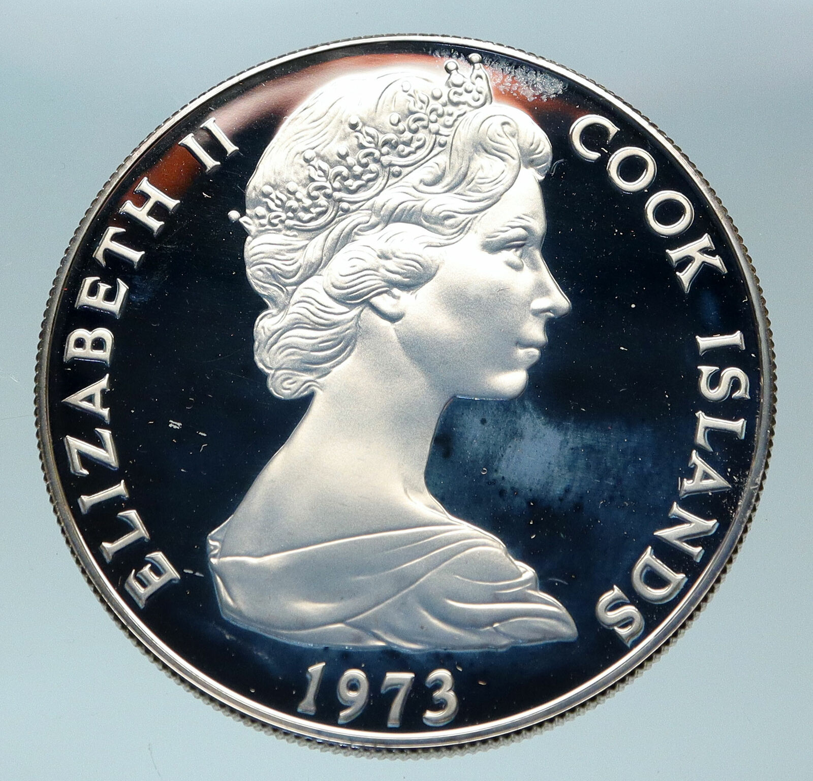 1973 COOK ISLANDS Elizabeth II James Cook Proof Silver 7 1/2 Dollar Coin i84373