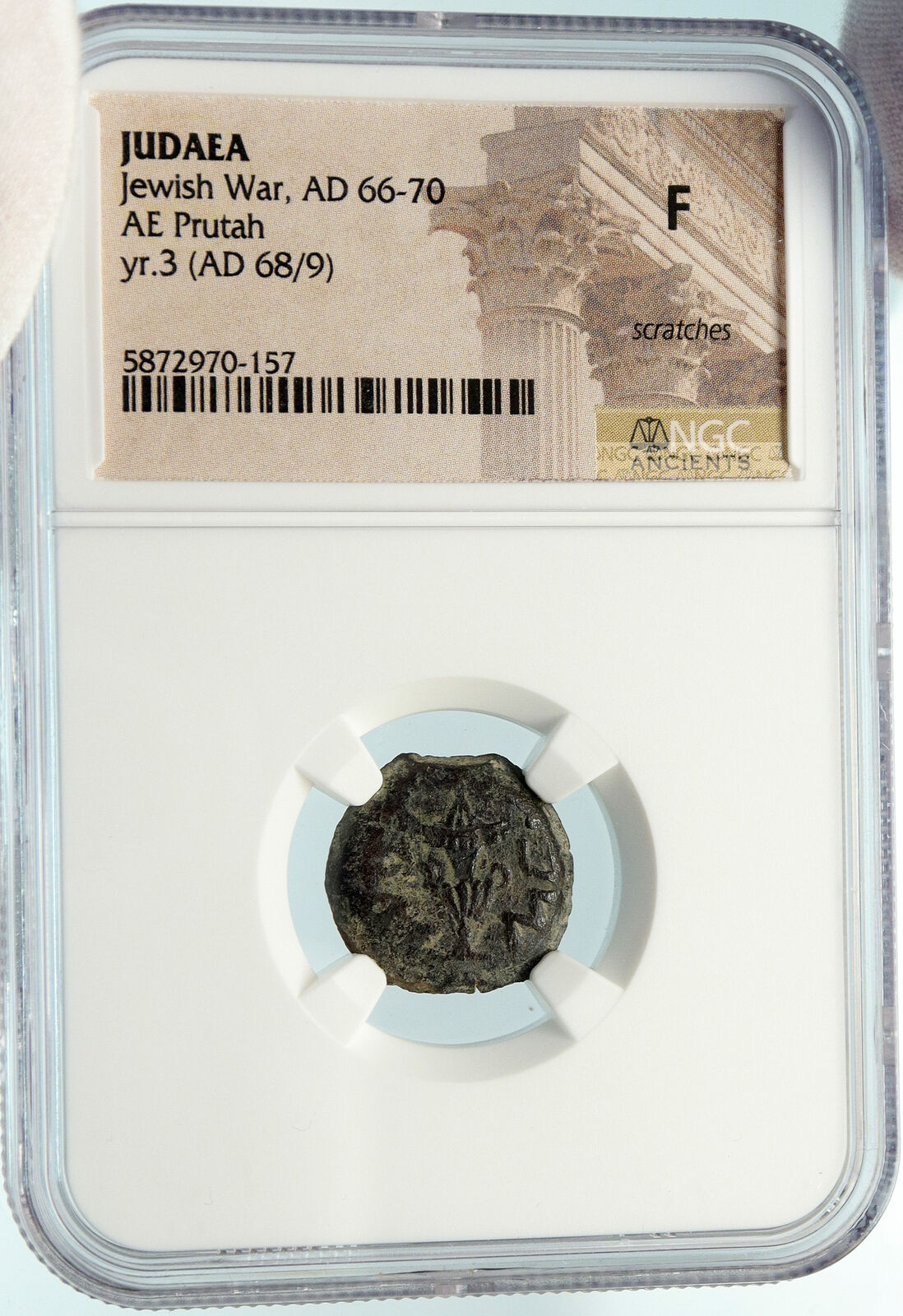 Authentic Ancient JEWISH WAR v ROMANS 68AD Yr3 JERUSALEM Coin AMPHORA NGC i84445