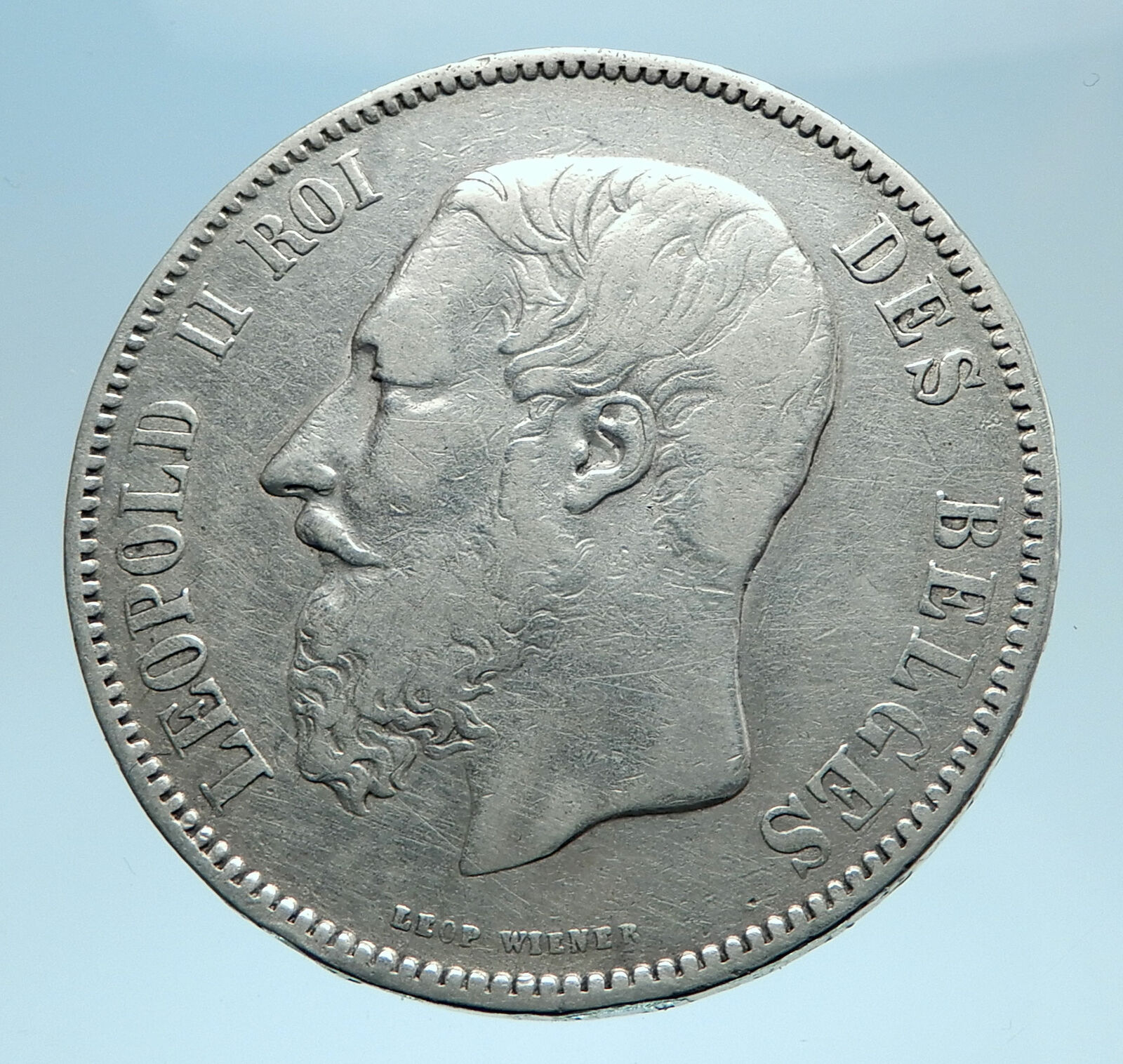 1868 BELGIUM with King LEOPOLD II and LION Antique Silver 5 Francs Coin i77783