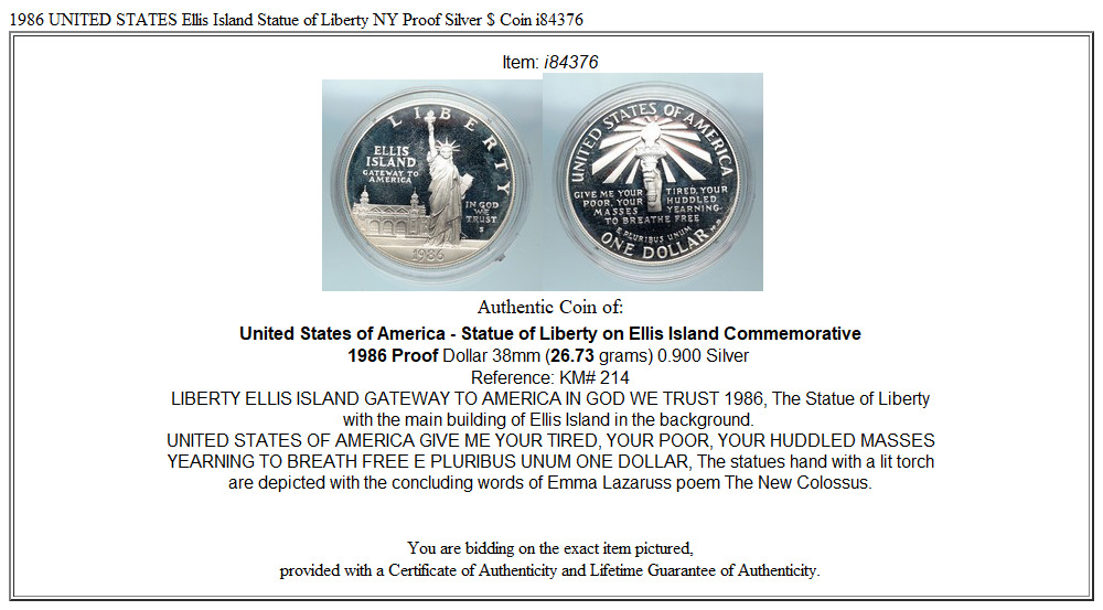 1986 UNITED STATES Ellis Island Statue of Liberty NY Proof Silver $ Coin i84376