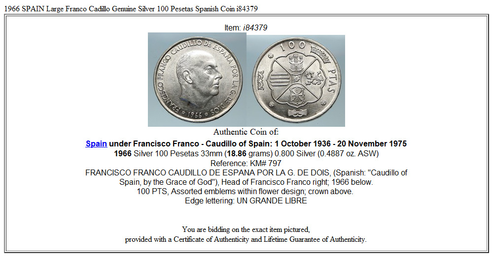 1966 SPAIN Large Franco Caudillo Genuine Silver 100 Pesetas Spanish Coin i84379